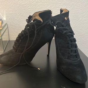 Size 12 BCBG lace up black suede heeled booties